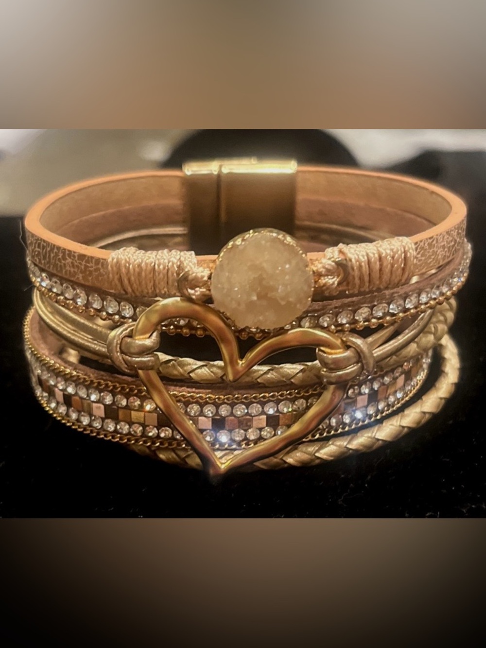Gold Heart Multi-Strand Bracelet with Druzy Accent